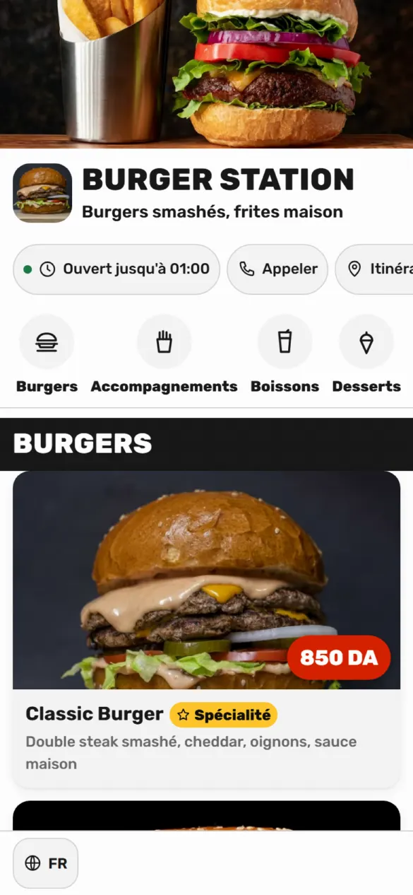 Menu du restaurant Burger Station sur un téléphone